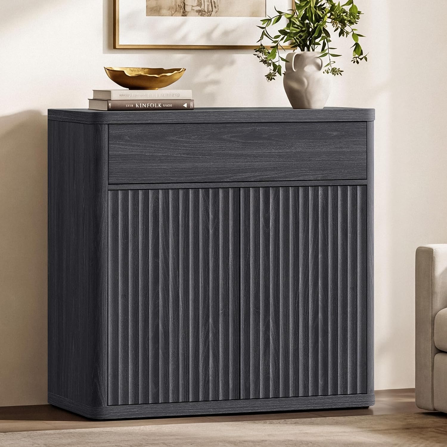 Credenza Office Storage - 34.6 inç Modern Yivli Büfe Dolabı,